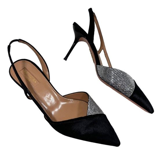 AQUAZZURA Salome Black Velvet & Crystal Slingback 3" Heel Size 37 - Picture 3 of 8